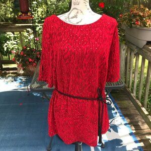 Dress Barn Collection Red Sequin Short Sleeved Top Black Cord  Belt Size 2X NWT